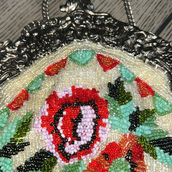 VTG Christiana 100% Silk Hand Beaded Purse Art Deco W/ Mirror & Long Chain - Picture 7 of 10